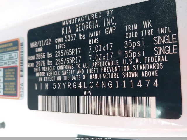 5XYRG4LC4NG111474 KIA gdi theta-iii
