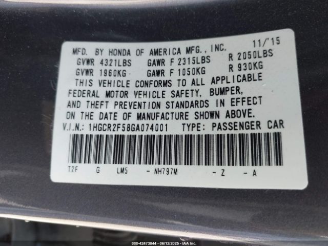 1HGCR2F58GA074001 Honda k24w1