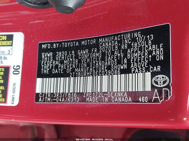 2T1BURHE0EC039086 Toyota COROLLA LE