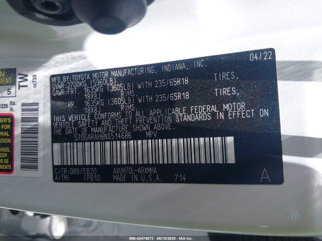 5TDGARAH8NS514686 Toyota a25a-fxs, 5nm