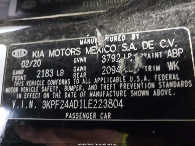 3KPF24AD1LE223804 KIA mpi nu