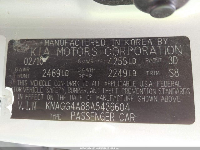 42474103 :رقم المزاد ، KNAGG4A88A5436604 vin ، 2010 Kia Optima Lx مزاد بيع