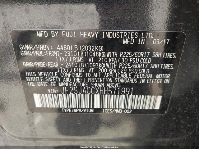 JF2SJAGCXHH571991 Subaru naturally aspirated u5