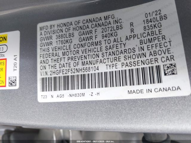 2HGFE2F52NH568104 Honda k20c2