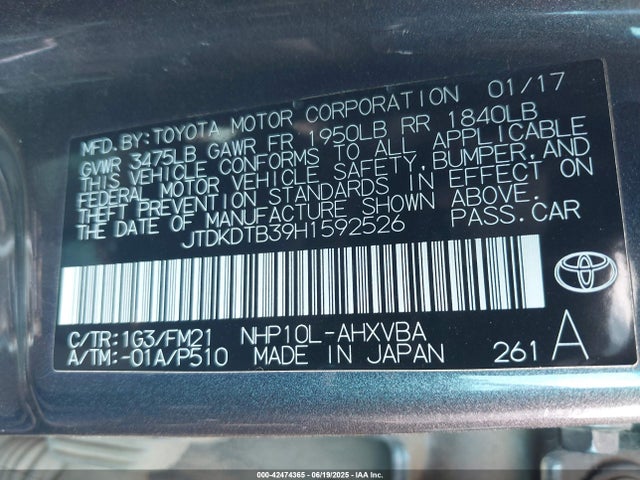 JTDKDTB39H1592526 Toyota 1nz-fxe+1lm