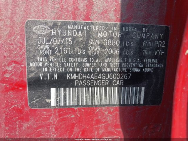 KMHDH4AE4GU603267 Hyundai ELANTRA SE