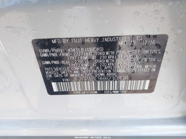 Subaru naturally aspirated 2017 JF2GPABC9HH230898 Image 9