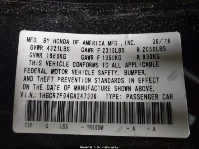 1HGCR2F94GA247306 Honda Accord Ex-l