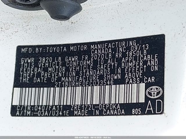 2T1BURHE0EC033546 Toyota COROLLA L