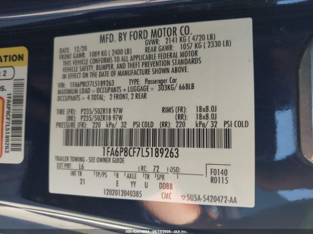 2020 FORD MUSTANG 1FA6P8CF7L5189263 Photo 8
