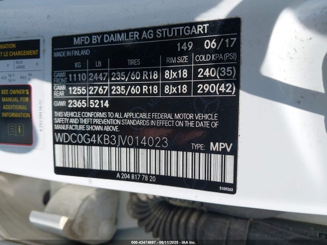 WDC0G4KB3JV014023 Mercedes-Benz m274