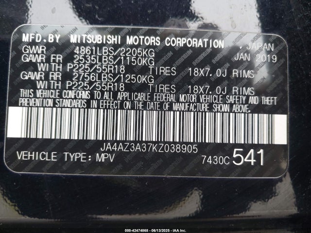 2019 MITSUBISHI OUTLANDER JA4AZ3A37KZ038905 Photo 8