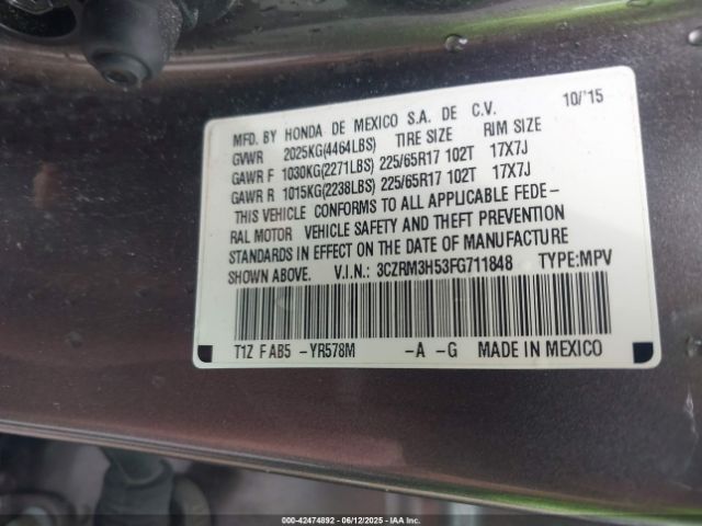 3CZRM3H53FG711848 Honda k24w9/k24v1