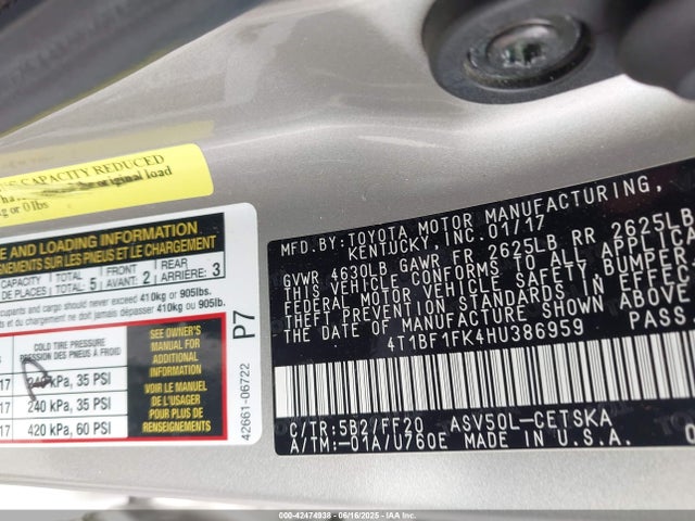 Toyota 2ar-fe 2017 4T1BF1FK4HU386959 Image 9