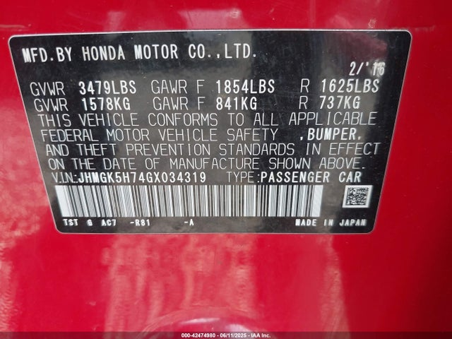 JHMGK5H74GX034319 Honda l15b1