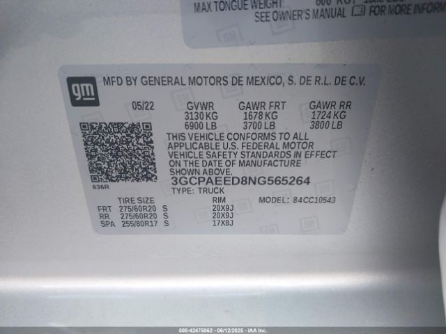 2022 CHEVROLET SILVERADO 1500 3GCPAEED8NG565264 Photo 8
