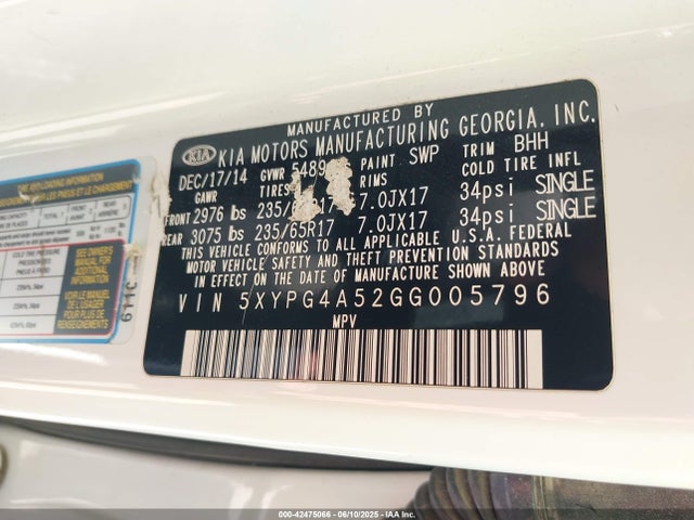 5XYPG4A52GG005796 KIA dohc gdi lambda ii
