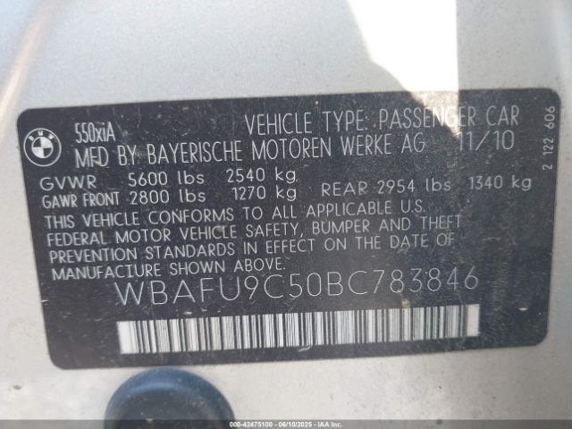 2011 BMW 550I WBAFU9C50BC783846 Photo 8