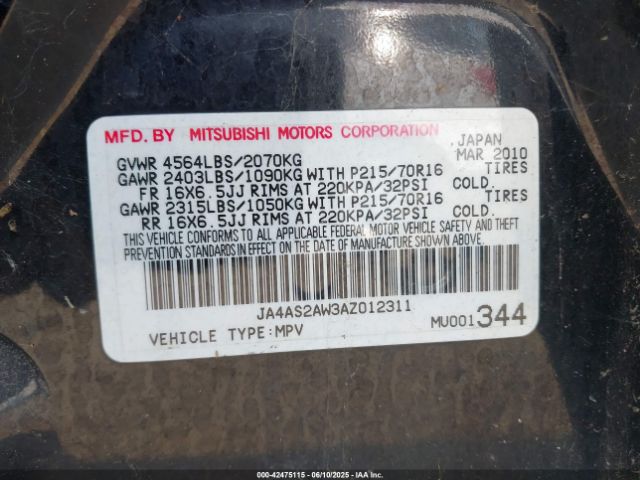 2010 MITSUBISHI OUTLANDER JA4AS2AW3AZ012311 Photo 8