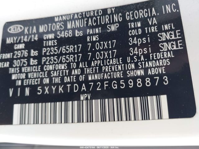 5XYKTDA72FG598873 KIA Sorento Lx V6