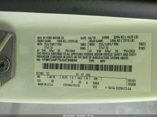 2018 FORD ESCAPE 1FMCU0F75JUC89890 Photo 8