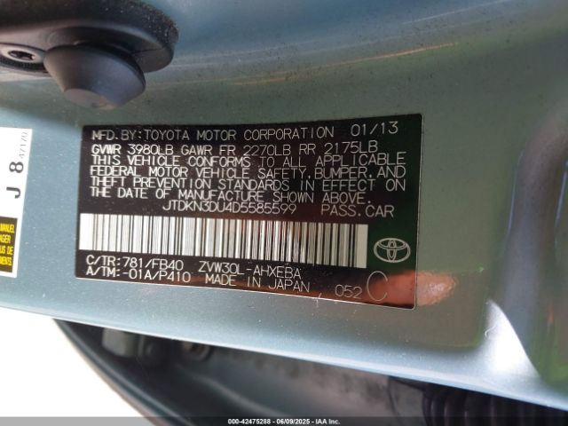 2013 TOYOTA PRIUS JTDKN3DU4D5585599 Photo 8