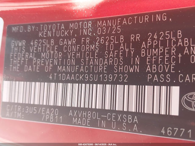 4T1DAACK9SU139732 Toyota CAMRY SE