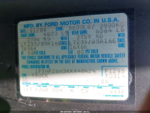 1989 FORD F250 1FTHF26H3KKA46424 Photo 8