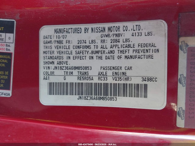 2008 NISSAN 350Z JN1BZ36A68M850853 Photo 8