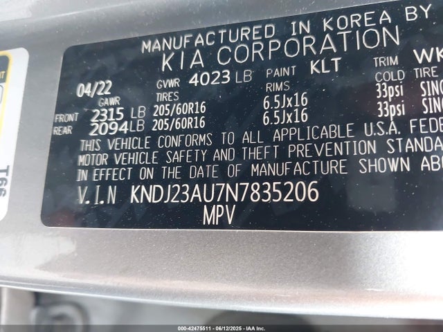 KNDJ23AU7N7835206 KIA mpi nu