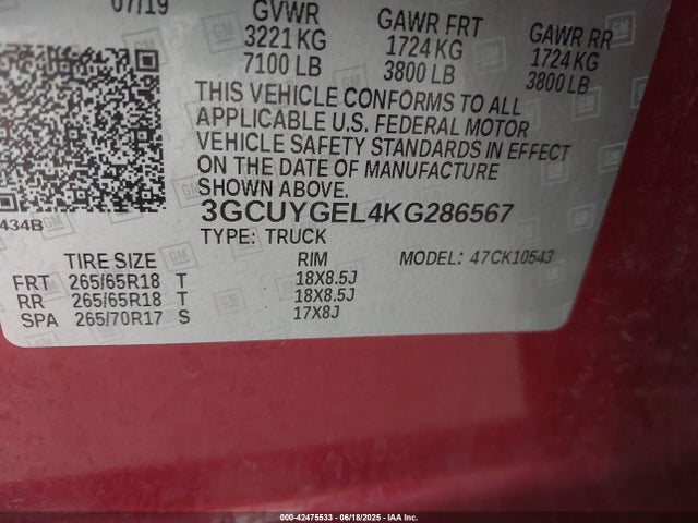 3GCUYGEL4KG286567 Chevrolet l87 - di dfm, alum, gen 5