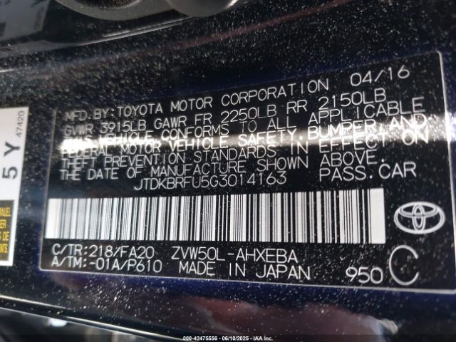 JTDKBRFU5G3014163 Toyota Prius Two