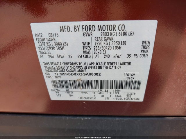 1FM5K8D8XGGA68382 Ford 2016