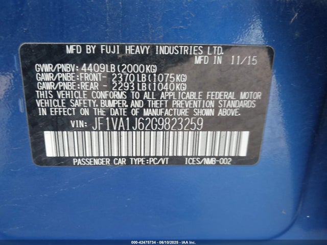 JF1VA1J62G9823259 Subaru 2.0 dib turbo