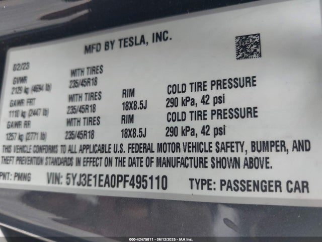 5YJ3E1EA0PF495110 Tesla MODEL 3