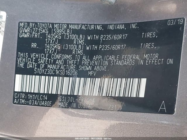 5TDYZ3DC1KS016206 Toyota Sienna Xle 8 Passenger