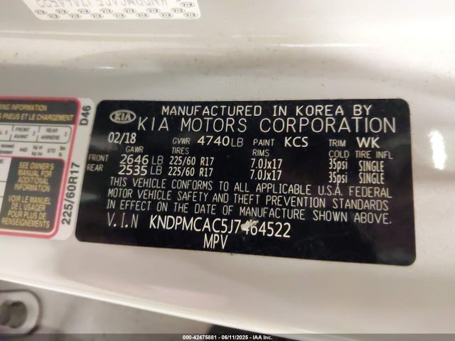 KNDPMCAC5J7464522 KIA gdi theta ii