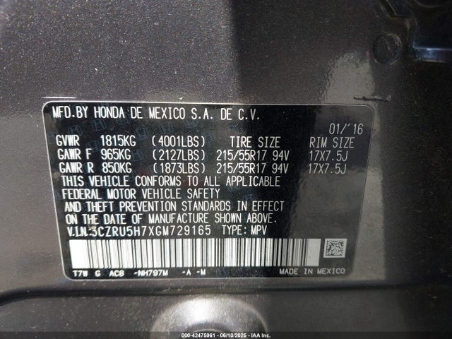3CZRU5H7XGM729165 Honda r18z9