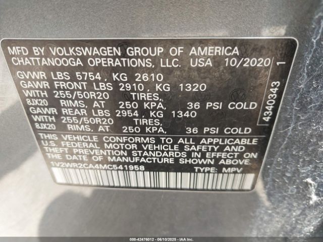 1V2WR2CA4MC541958 Volkswagen Atlas 3.6l V6 Se W/technology