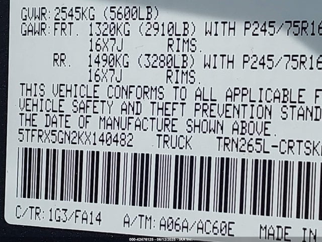 5TFRX5GN2KX140482 Toyota 2tr-fe