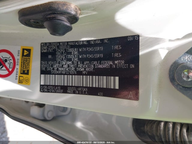Toyota 2gr-fe 2015 5TDDKRFH6FS210976 Image 9