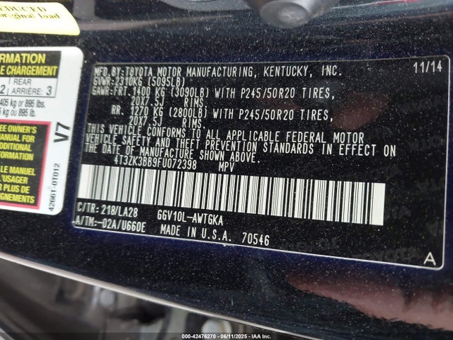 Toyota 2gr-fe 2015 4T3ZK3BB9FU072398 Image 9