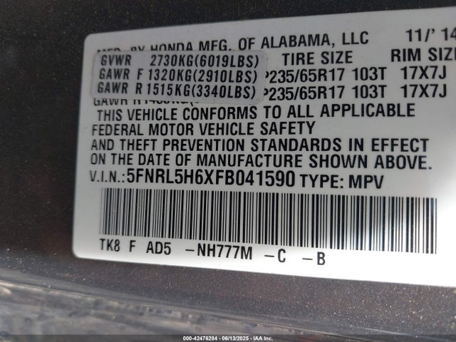 Honda j35z8 2015 5FNRL5H6XFB041590 Image 9