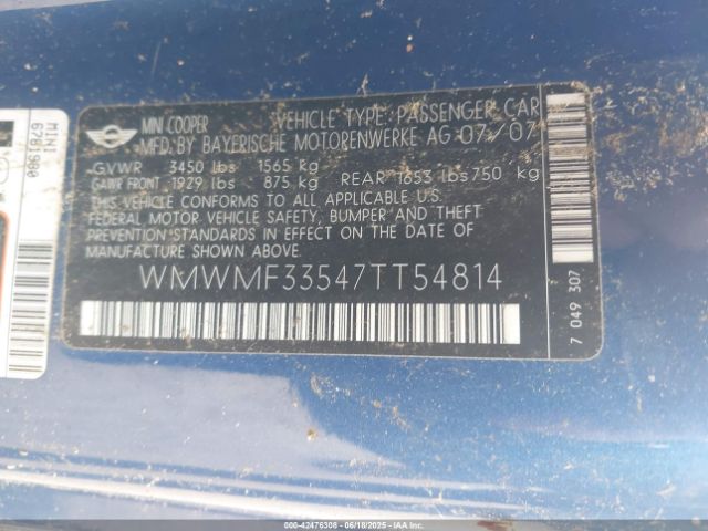 2007 MINI COOPER WMWMF33547TT54814 Photo 8