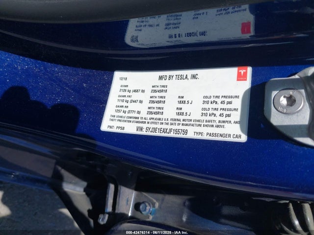 Tesla MODEL 3 2018 5YJ3E1EAXJF155759 Image 9