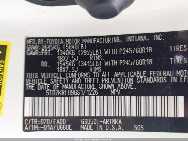 5TDZKRFH9GS171226 Toyota 2gr-fe