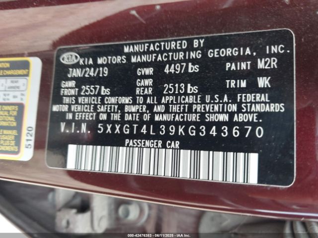 2019 KIA OPTIMA 5XXGT4L39KG343670 Photo 8