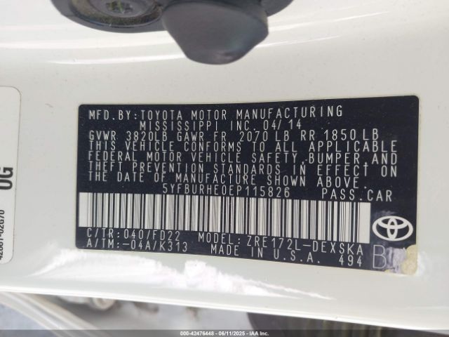 5YFBURHE0EP115826 Toyota 2zr-fe