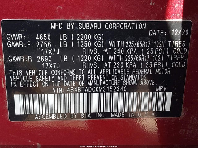 Subaru 2021 2021 4S4BTADC0M3152340 Image 9