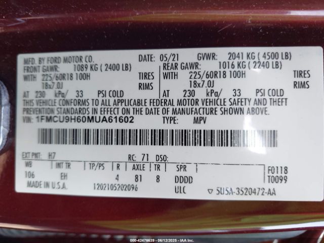 2021 FORD ESCAPE 1FMCU9H60MUA61602 Photo 8